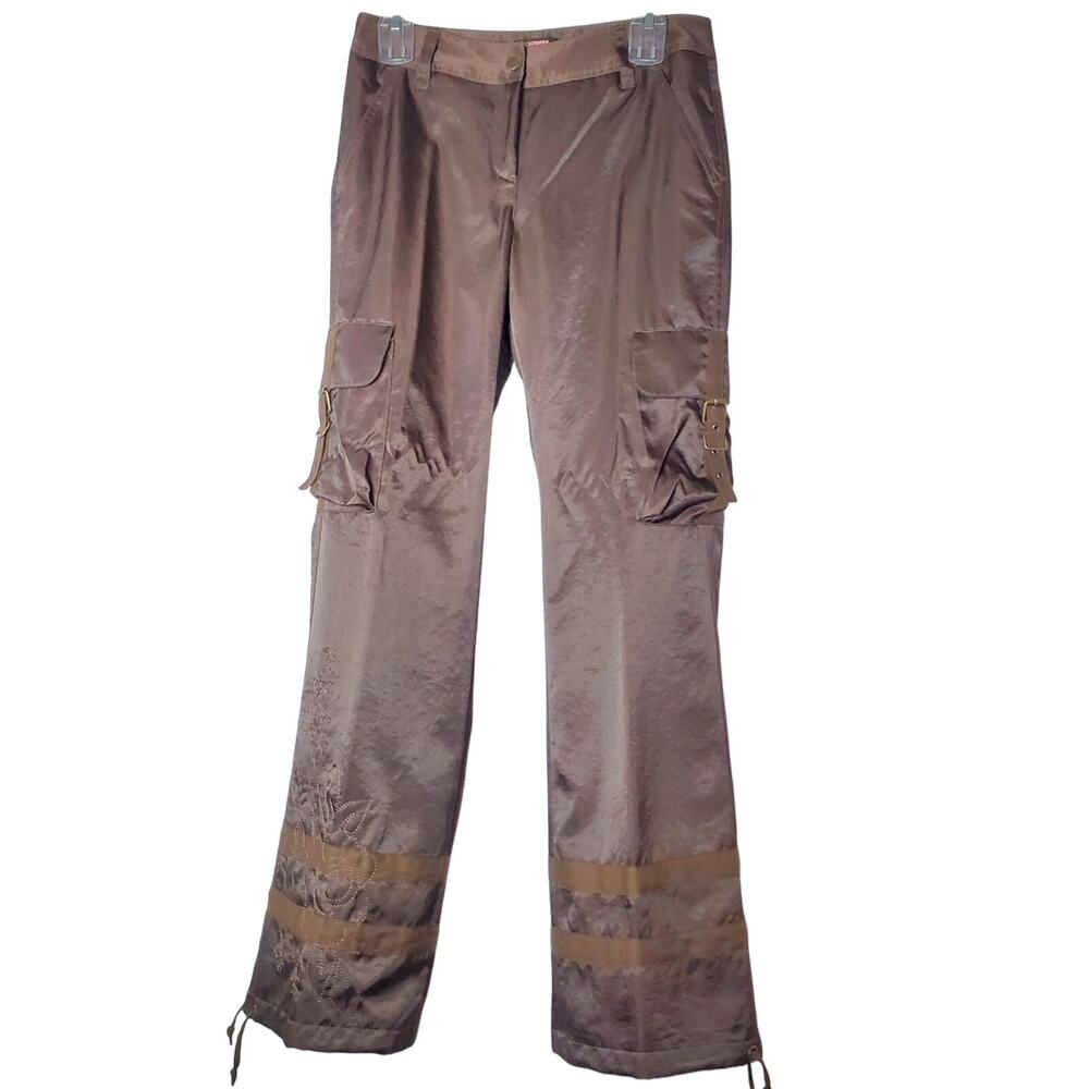 Express satin brown pants w/ cargo pockets, floral embroidery mid-rise